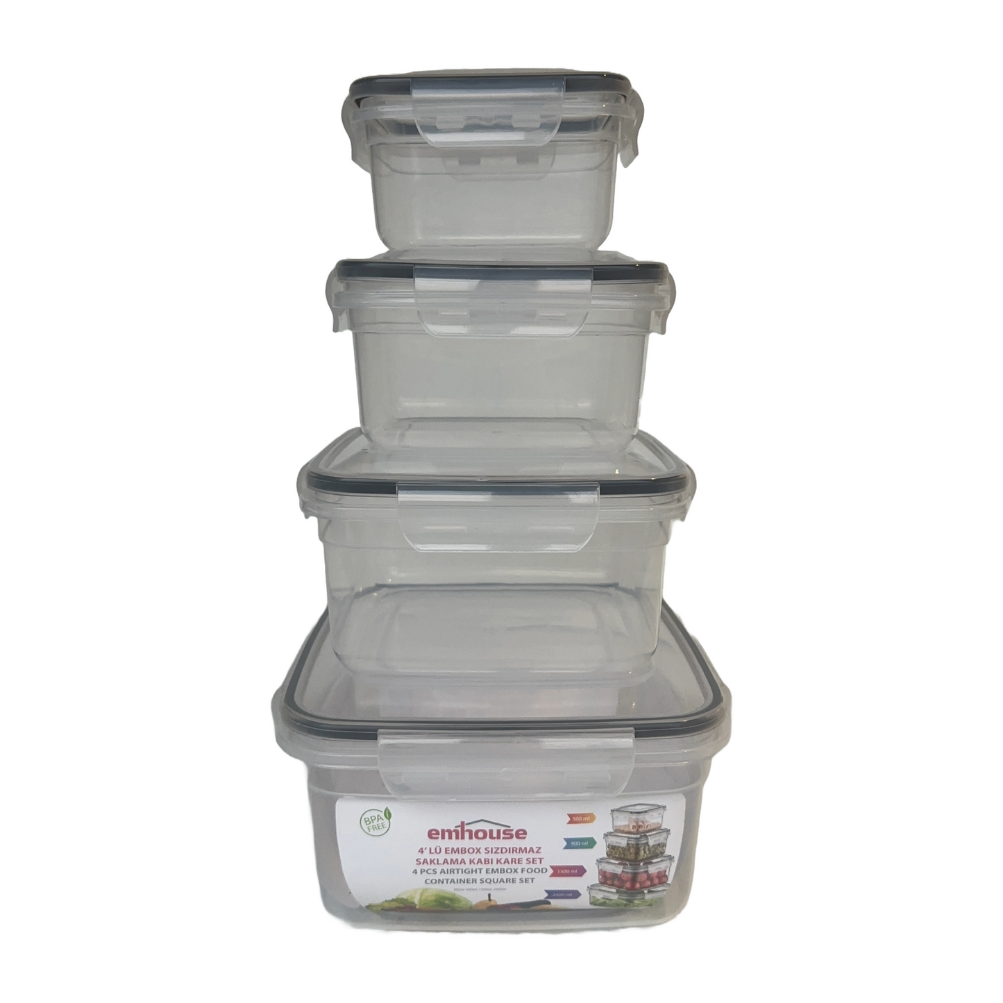 Set of 4 Plastic Square Airtight Food Containers