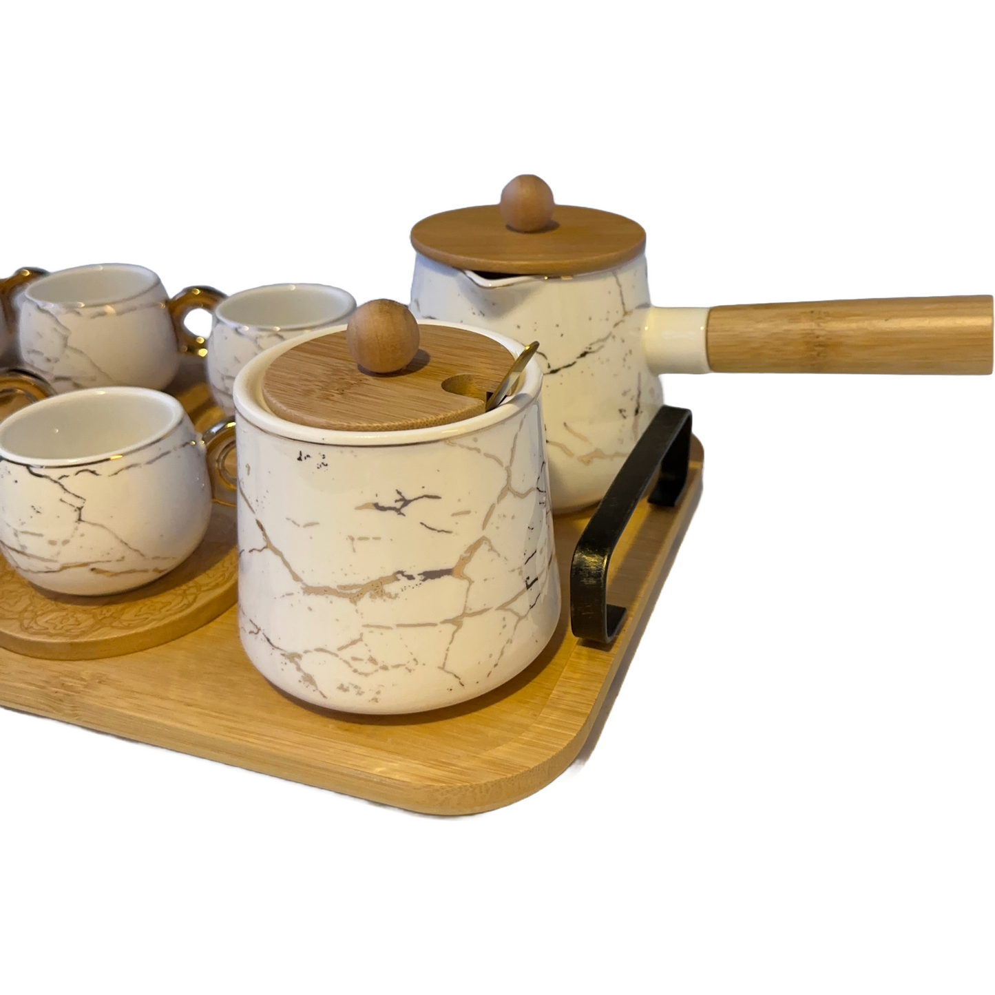 Porcelain Coffee Cup Set with sugar bowl, coffee pot, and wooden tray