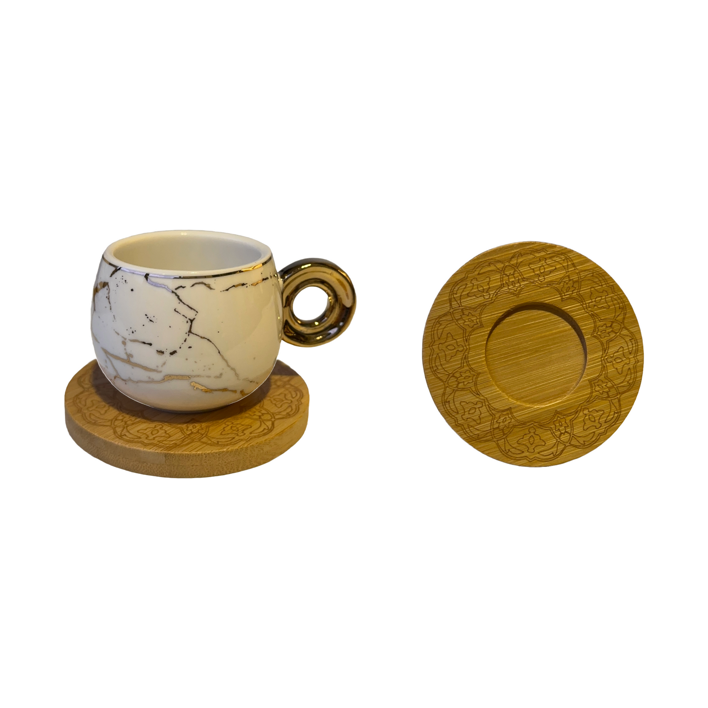 Porcelain Coffee Cup Set with sugar bowl, coffee pot, and wooden tray