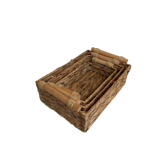 Rectangle Wicker Baskets with Bamboo Handles (Set of 3)