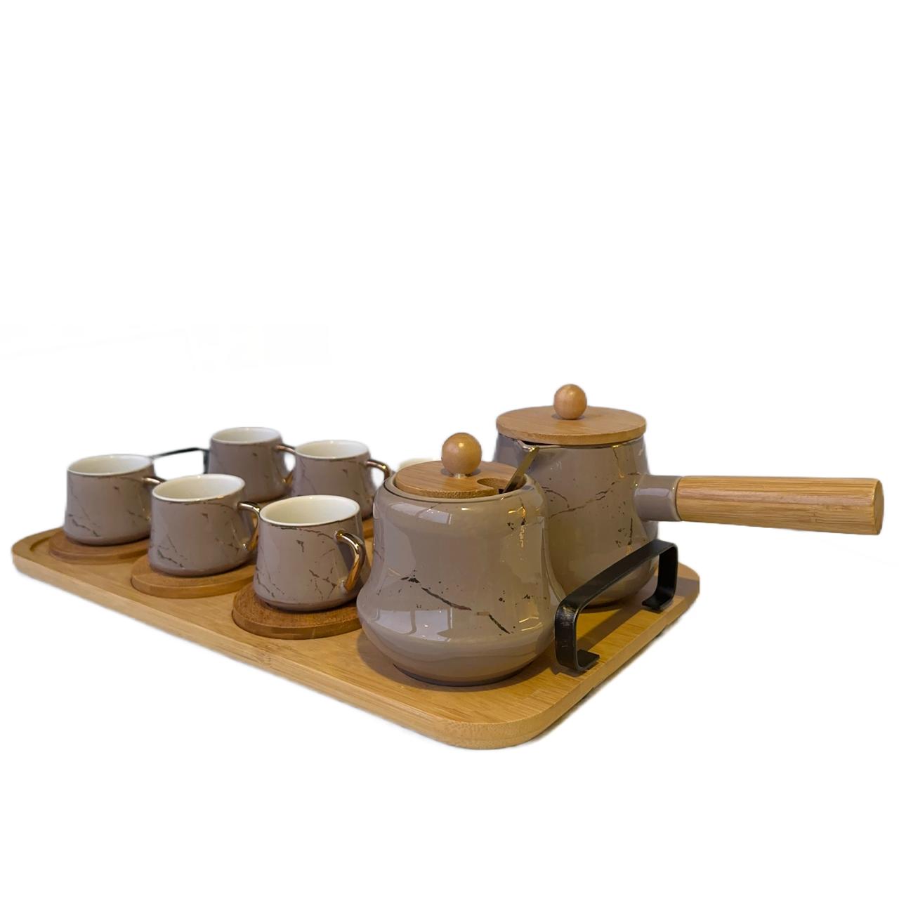 Porcelain Coffee Cup Set with sugar bowl, coffee pot, and wooden tray