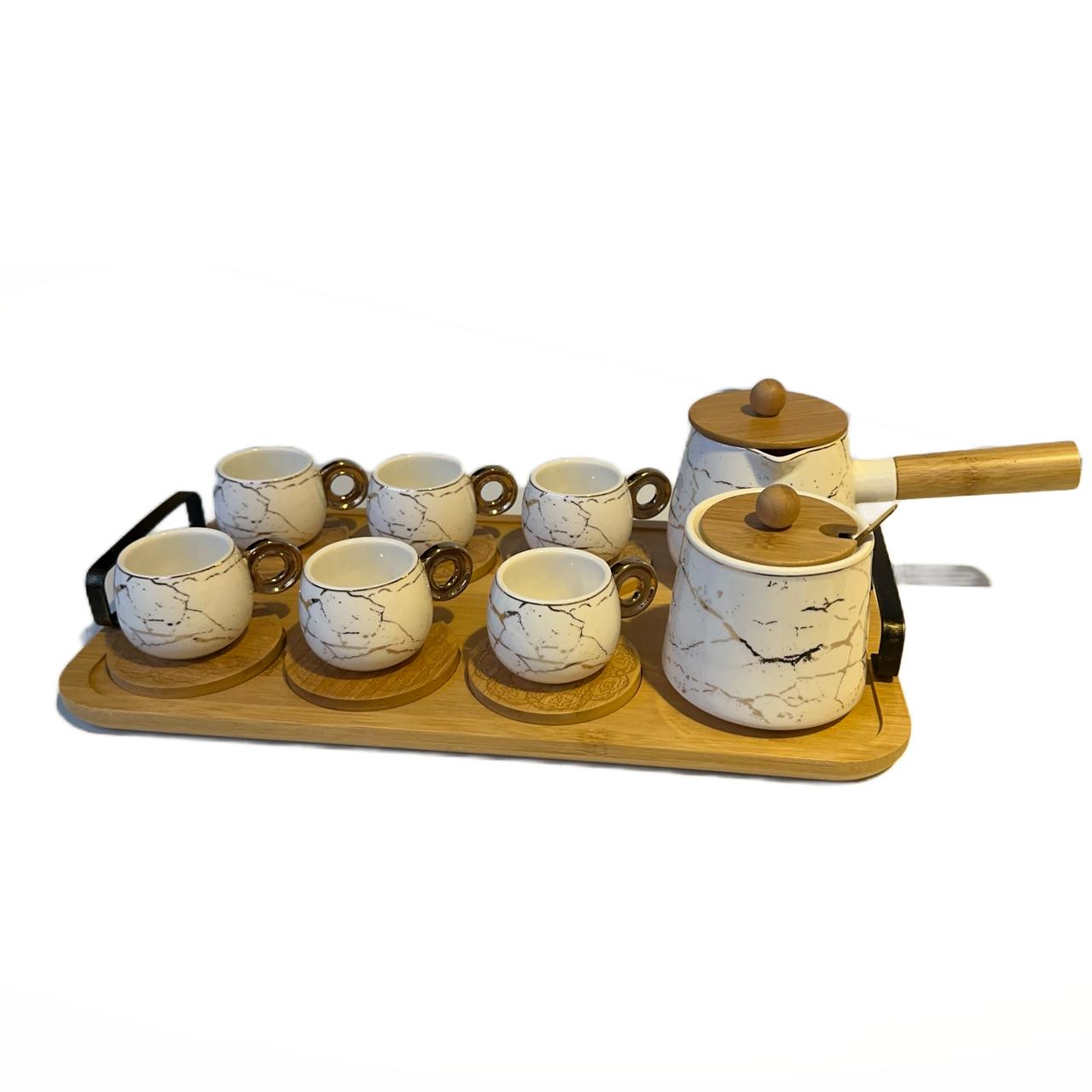 Porcelain Coffee Cup Set with sugar bowl, coffee pot, and wooden tray