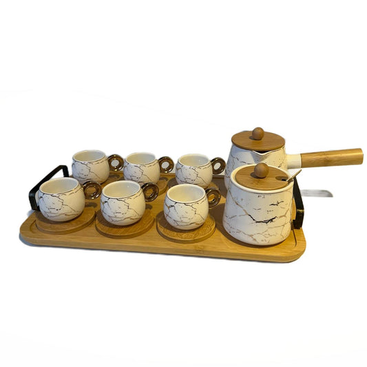 Porcelain Coffee Cup Set with sugar bowl, coffee pot, and wooden tray